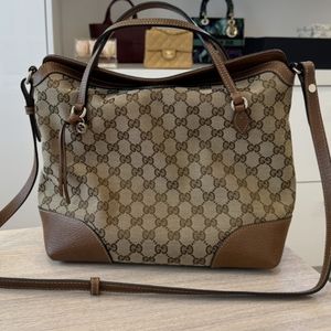 Gucci Brown Monogram GG Canvas Shoulder Bag with Tan Leather Trim